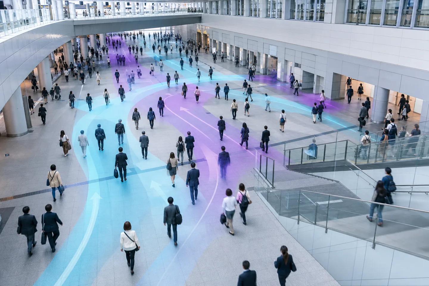 大規模ターミナル駅を想定したコンコースの方向別流量を可視化した活用イメージ