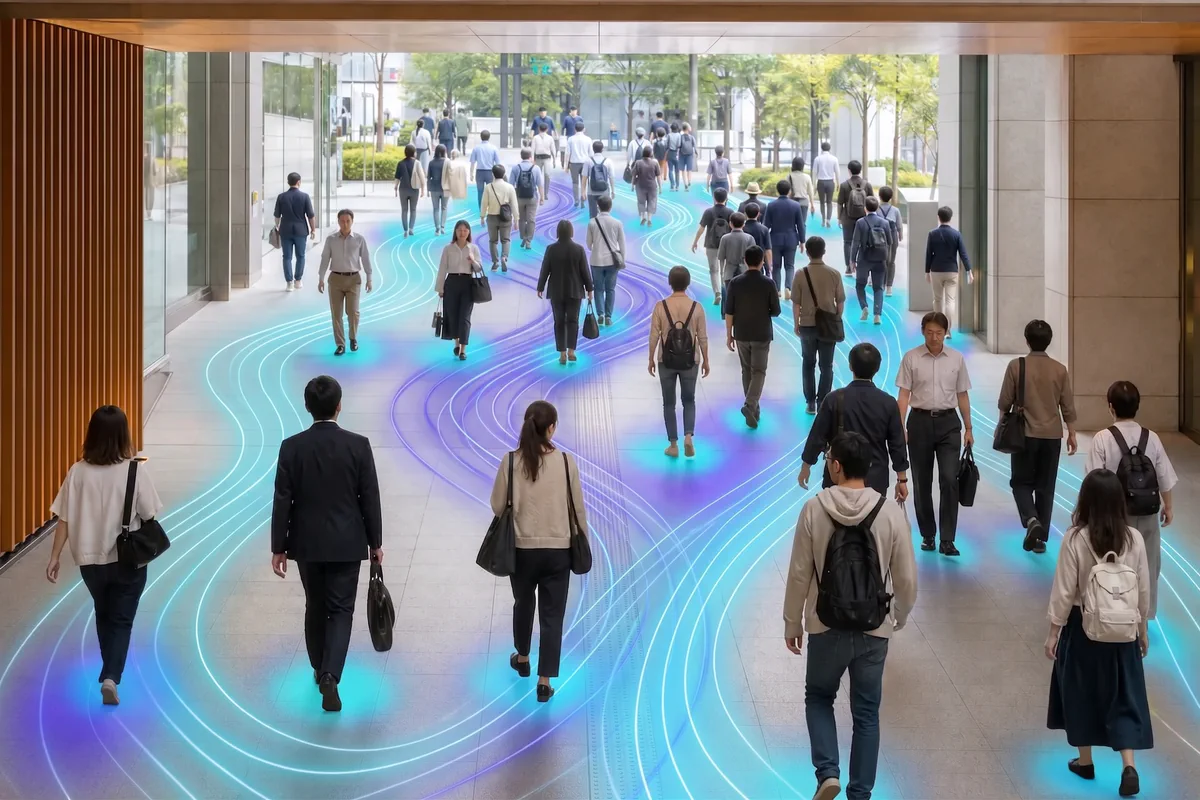 施設の出入口を行き交う人の人数と通過量を計測する活用イメージ