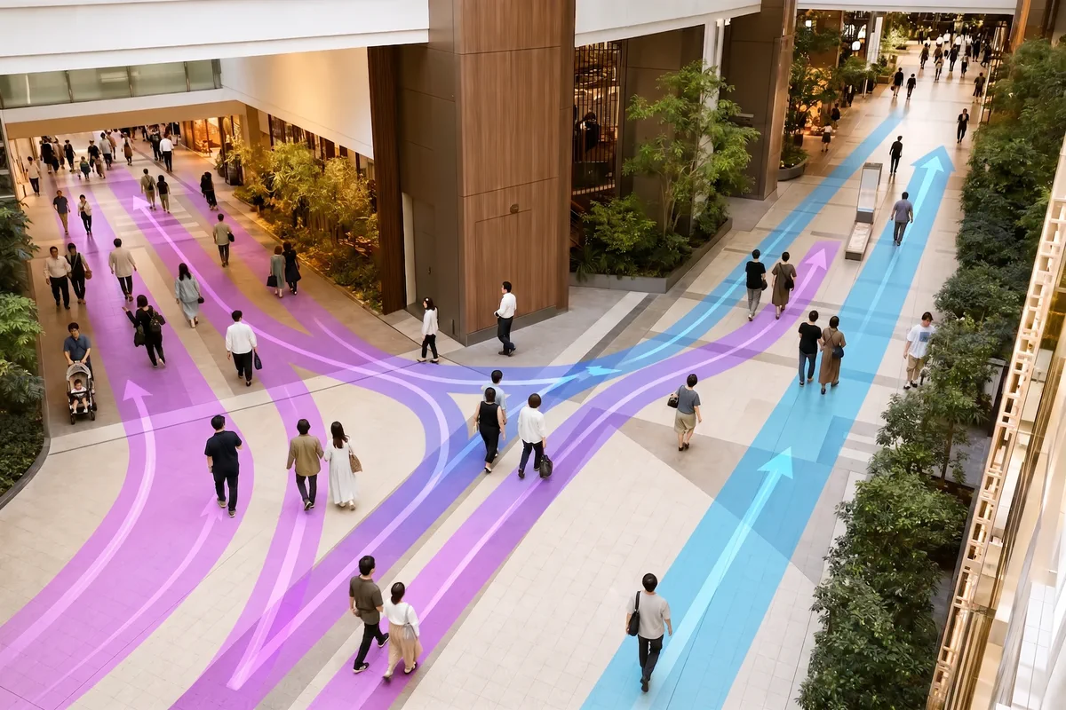 交差する通路で人の移動方向と方向別流量を捉える活用イメージ