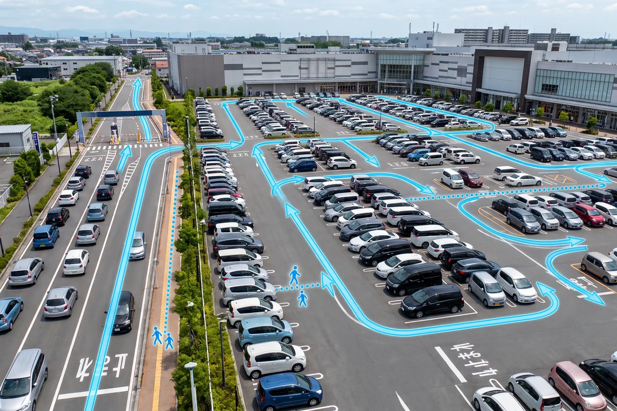 駐車場の入口から各エリアへ移動する車両動線のイメージ