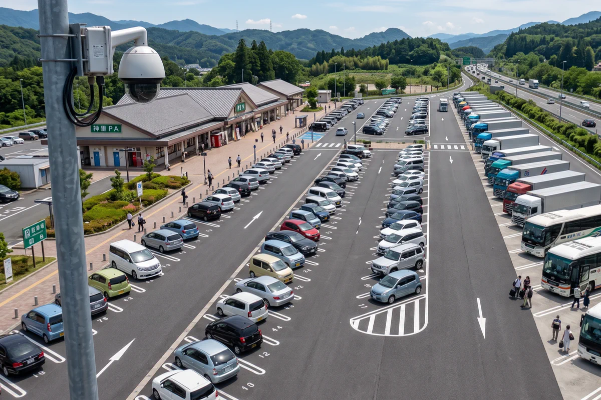 物流施設の駐車場で乗用車とトラックの傾向を把握するイメージ