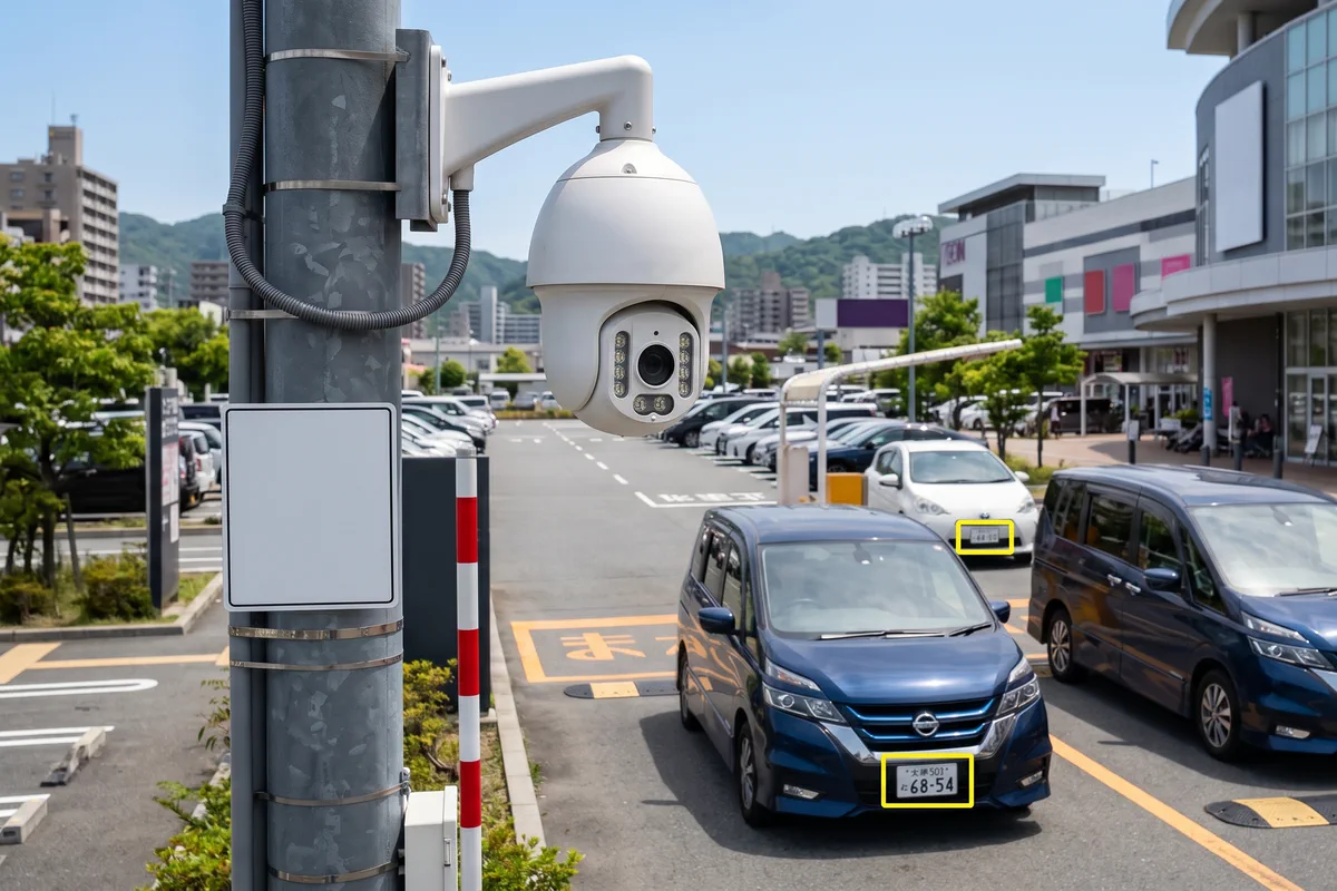 駐車場のカメラ映像からナンバープレートを捉えて地域別集計するイメージ